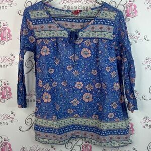 Divided blouse long sleeve boho paisley tassle ties Floral Blue Women's Top